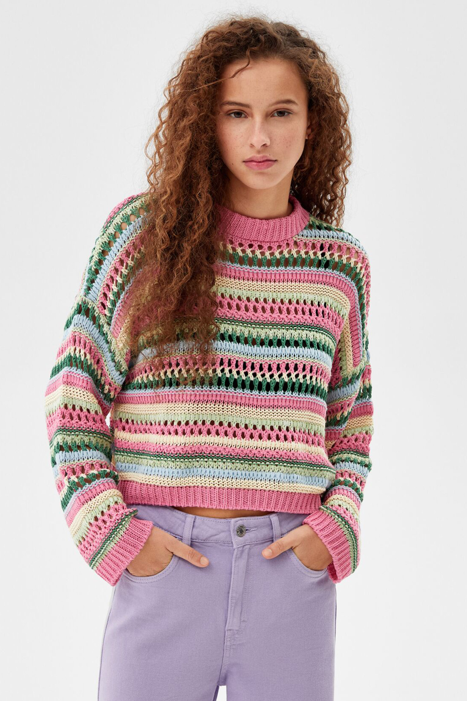 Multicolored Open-Knit Crewneck Sweater 1 Multicolored Open-Knit Crewneck Sweater